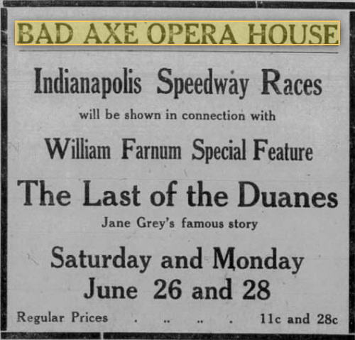 Bad Axe Opera House - 25 Jun 1920 Ad (newer photo)